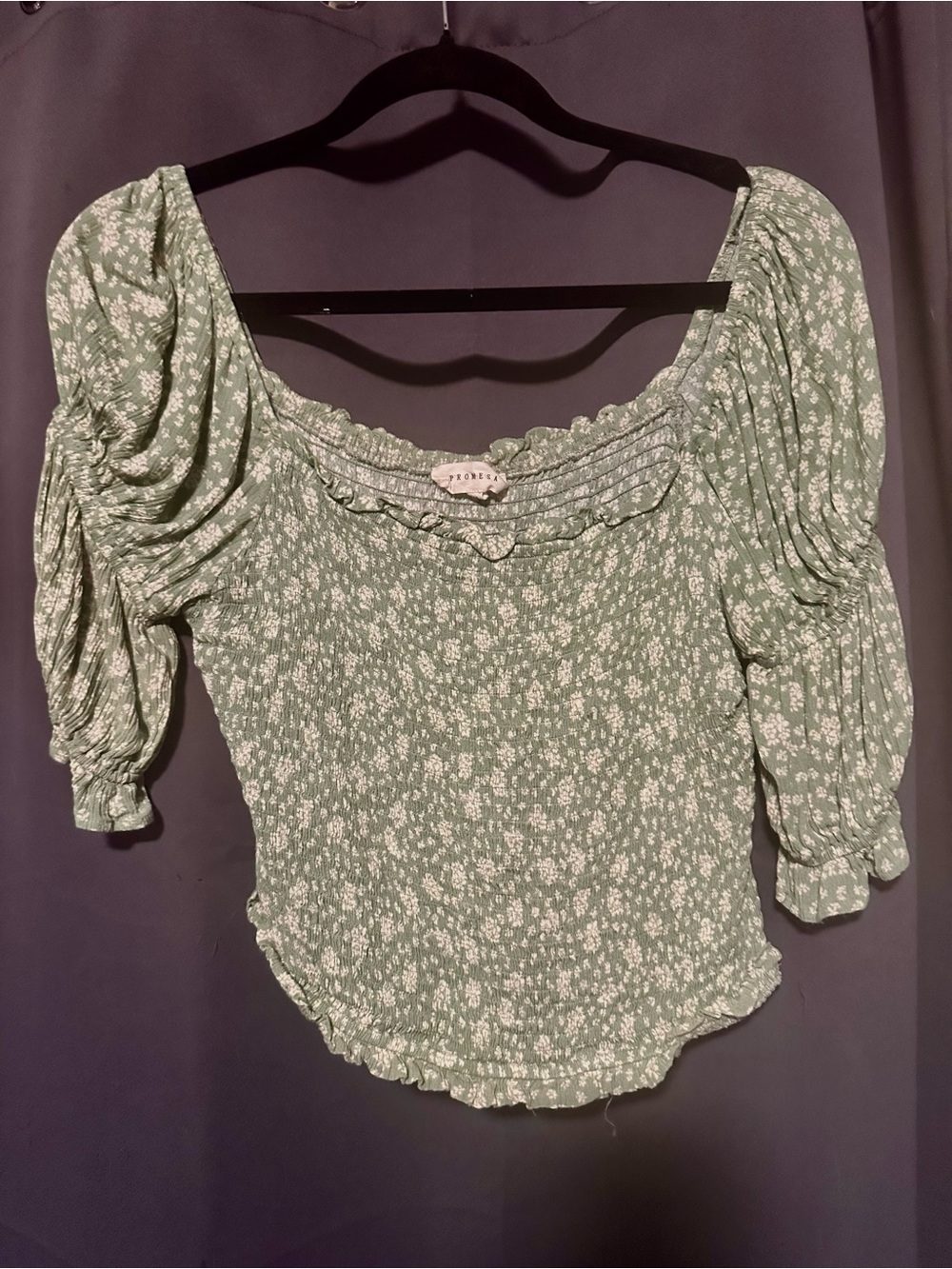 Boutique Sage Green Floral Puff-Sleeve Smocked Top